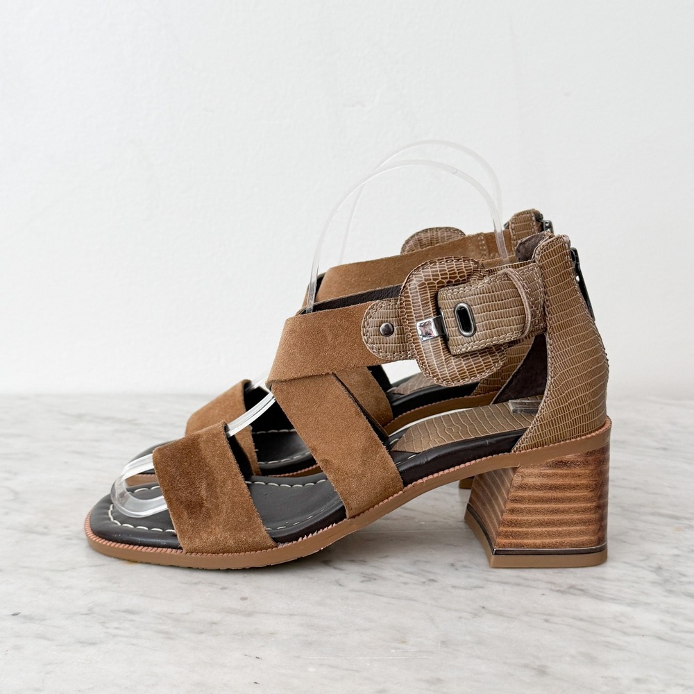 Donald Pliner Helen Block Heel Sandals 5.5M Tan Suede Lizard Embossed Buckle Zip